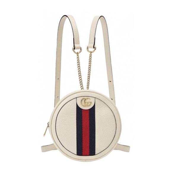 NEW!  GUCCI ROUND LEATHER WHITE WEB BACKPACK SHOULDER BAG AUTHENTIC BOX! - Picture 1 of 9